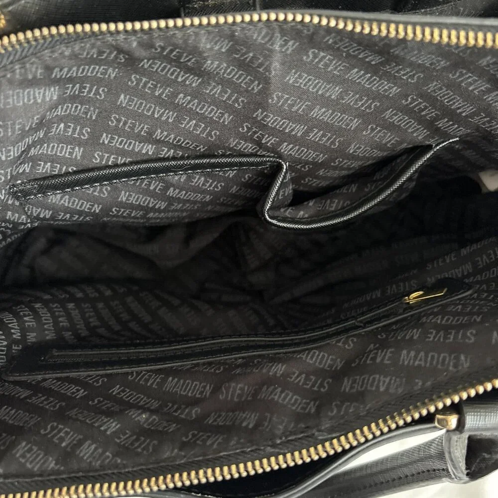 Steve Madden Black Satchel Front Flap Pocket Gold Tone Hardware Quiet Luxury